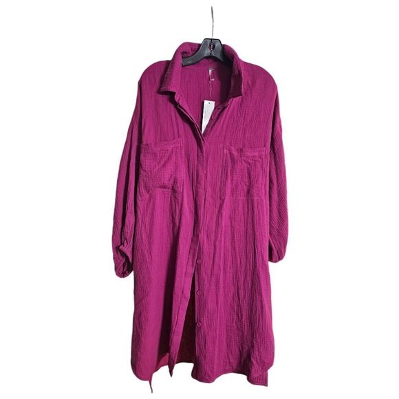 NWT YOUNG FABULOUS & BROKE Fuschia Cotton Textured Shirtdress - Size Large - Picture 1 of 9